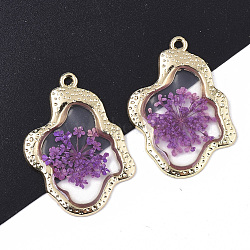 Epoxy Resin Pendants, with Dried Flower Inside and Light Gold Plated Alloy Open Back Bezel, Nuggets, Dark Violet, 35x26x1.5mm, Hole: 1.6mm(X-RESI-T045-028C)