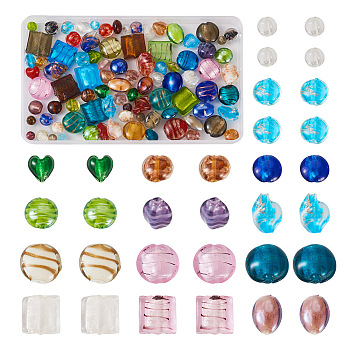 DIY Beads Jewelry Making Finding Kit, Including Handmade Gold Sand Lampwork & Foil Glass Beads, Round & Heart & Flat Round & Twist, Mixed Color, 7.5~20x7.5~20.5x6~12mm, Hole: 1~2.5mm, 100Pcs/box