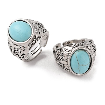 Oval Synthetic Turquoise Cuff Rings, Alloy Wide Band Open Rings for Women, Cadmium Free & Lead Free, Antique Silver, 19mm, Inner Diameter: Adjustable