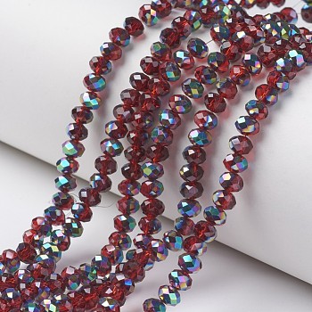 Electroplate Transparent Glass Beads Strands, Half Multi-color Plated, Faceted, Rondelle, Dark Red, 6x5mm, Hole: 1mm, about 92~94pcs/strand, 17~17.5 inch(42.5~43.75cm)