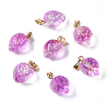 Two Tone Transparent Spray Painted Glass Pendants, with Golden Plated Iron Bails and Gold Foil, Strawberry, Medium Orchid, 17~18x11~12x10mm, Hole: 6x2mm