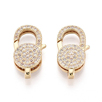 Brass Pave Clear Cubic Zirconia Lobster Claw Clasps, Flat Round, Real 18K Gold Plated, 20.5x11.5x5mm, Hole: 1.8~2mm