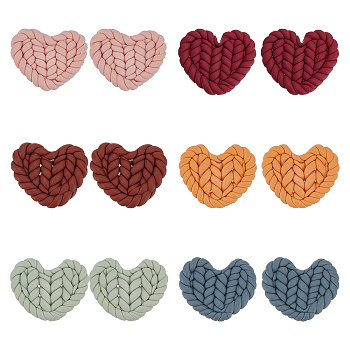 CHGCRAFT 12Pcs 6 Colors Handmade Polymer Clay Cabochons, Imitation Braided Pad, Heart, Mixed Color, 19.5~22x24.5~26.5x4~5mm, 2pcs/color