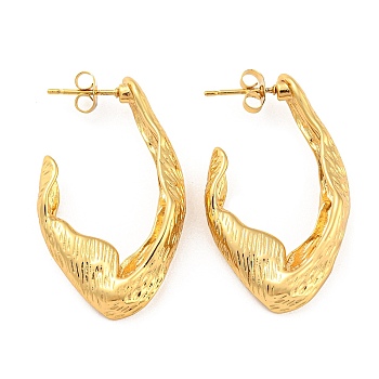 304 Stainless Steel Stud Earrings, Textured Oval Half Hoop Earrings for Women, Golden, 39x22mm