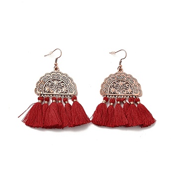 Alloy Half Round with Tassels Dangle Earrings, Iron Long Drop Earrings for Women, Red Copper, 74.5mm, Pin: 0.6mm