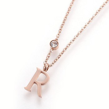 (Jewelry Parties Factory Sale)304 Stainless Steel Initial Pendant Necklaces, with Glass Rhinestone, Crystal, Rose Gold, Letter.R, 16.1~16.5 inch(41~42cm), Pendant: 11x5~8.5x1mm