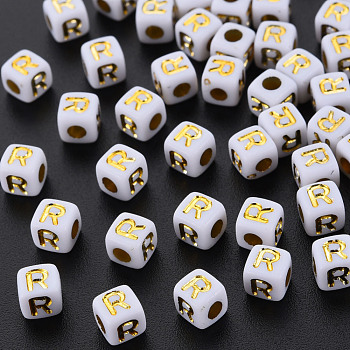 Opaque White Acrylic Beads, Metal Enlaced, Cube with Letters, Letter.R, 4.5mm, Hole: 2mm, about 5000pcs/500g
