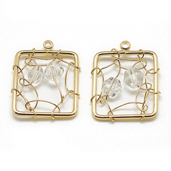 Brass Pendants, with Glass Beads, Rectangle, Real 18K Gold Plated, Clear, 19x15x5mm, Hole: 1mm