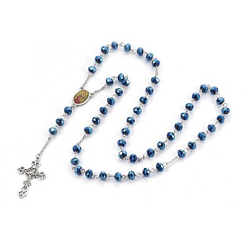 Alloy Pendant Necklaces, with Glass and 304 Stainless Steel Rolo Chains, Crucifix Cross, For Easter, Blue, 27.55 inch(70cm) 