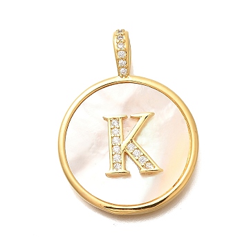 Rack Plating Brass Micro Pave Clear Cubic Zirconia Pendants with Shell, Letter Series Charms, Long-Lasting Plated, Lead Free & Cadmium Free, Letter K, 32x24x3.5mm, Hole: 6x3mm