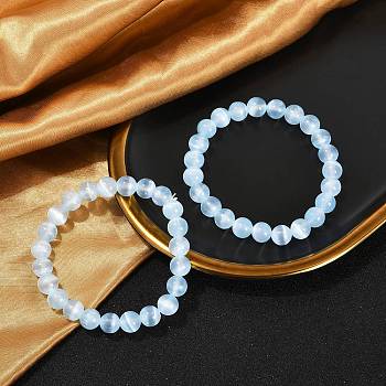 Dyed Natural Selenite Round Beaded Stretch Bracelets for Women, Sky Blue, 3/8 inch(0.85cm), Inner Diameter: 2-1/4 inch(5.6cm)