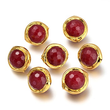 Jade Beads, Tumbled Stone, Golden Brass Findings, Dyed, Faceted, Round, Dark Red, 18~19x17x14mm, Hole: 0.8mm