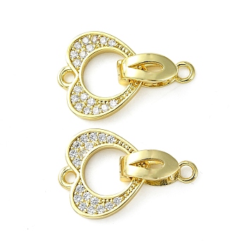 Rack Plating Eco-Friendly Brass Micro Pave Clear Cubic Zirconia Fold Over Clasps, Long-Lasting Plated, Lead Free & Cadmium Free, Heart, Real 18K Gold Plated, Heart: 13.5x13x1.5mm, Hole: 1.4mm, Clasp: 11x4.5x5mm, Hole: 1.5mm.