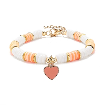 Heart Charm Bracelet, Polymer Clay Heishi Surfer Bracelet, Preppy Jewelry for Women, Golden, Orange, 7-5/8 inch(19.4cm)