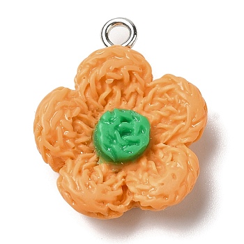 Opaque Resin Pendants, Flower Charms with Platinum Plated Iron Loops, Orange, 20x18x6mm, Hole: 2mm
