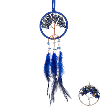 2Pcs 2 Style Brass Woven Web/Net with Feather Pendant Decorations, wtih Tree of Life Natural Lapis Lazuli & Sodalite Chips, Platinum & Golden, Pendant Decorations: 500x71x9mm, Pendants: 36~36.5x30~31x5mm
