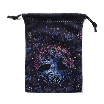 Velvet Tarot Cards Storage Drawstring Bags, Tarot Desk Storage Holder, Black, Rectangle, Tree of Life Pattern, 18x13cm