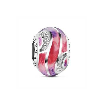 TINYSAND Pink Noble Love Rondelle Rhodium Plated 925 Sterling Silver European Beads, Large Hole Beads, with Cubic Zirconia and Enamel, Platinum, 13.16x9.3x13.15mm, Hole: 4.7mm