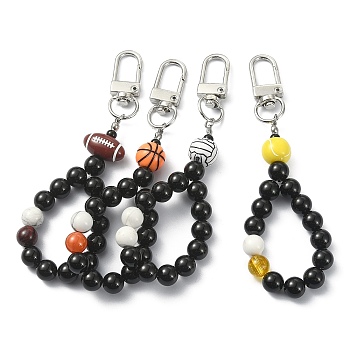 Natural Gemstone Beaded Wrist Pendant Decorations, with Sports Ball Acrylic Bead and Alloy Swivel Clasps, 10.5cm, 4pcs/set. 
