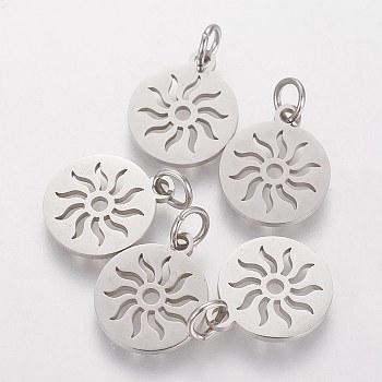 304 Stainless Steel Pendants, Flat Round with Sun, Stainless Steel Color, 14x12x1.1mm, Hole: 3mm