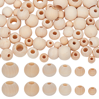 390Pcs 6 Styles Natural Unfinished Wood Beads, Macrame Beads, Round Wooden Large Hole Beads for Craft Making, Antique White, 10~20x7.5~16mm, Hole: 4~10mm