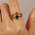 304 Stainless Steel Cuff Open Rings for Women, Crown, with Enamel, Real 18K Gold Plated, Black, US Size 4 1/4(15mm)~20mm(WGDF800-01)