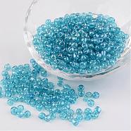 Round Glass Seed Beads, Trans. Colours Lustered, Light Blue, Size: about 4mm in diameter, hole: 1.5mm, about 496pcs/50g(X-SEED-A006-4mm-103B)