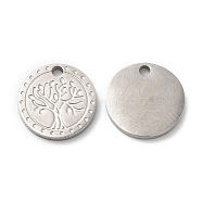 316L Surgical Stainless Steel Charms, Flat Round with Tree Charm, Textured, Stainless Steel Color, 12x1.5mm, Hole: 1.5mm(STAS-H213-58P)