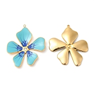 304 Stainless Steel Enamel Pendants, with Rhinestones, Real 18K Gold Plated, Flower Charm, Light Sky Blue, 37.5x33x3mm, Hole: 1.4mm(STAS-K256-15G-02)