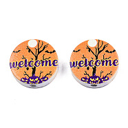 Halloween Printed Natural Wood Beads, Flat Round with Word Welcome & Pumpkin & Bat, Dark Orange, 19~20x5.9mm, Hole: 2~2.2mm(WOOD-T021-70)