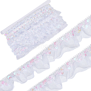 Chinlon Pleated Lace Trim, with Sequin, for Sewing, Gift Package Wrapping, Floral Designing, White, 1-1/8 inch(30mm), about 12.03 Yards(11m)/Card(EW-WH0013-28D)