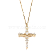 Brass Micro Pave Clear Cubic Zirconia Pendant Necklaces, with 304 Stainless Steel Cable Chains, Cross, Golden, 17.91 inch(45.5cm)(NJEW-H100-14G)