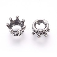 316 Surgical Stainless Steel Beads, Large Hole Beads, Crown, Antique Silver, 10x5.5mm, Hole: 5mm(STAS-E446-10AS)