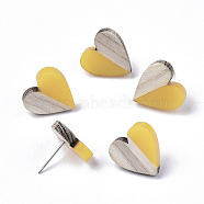 Resin & Wood Stud Earrings, with 304 Stainless Steel Pin, Heart, Gold, 15x14~15mm, Pin: 0.7mm(EJEW-N017-002A-C03)