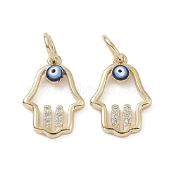 Real 18K Gold Plated Brass Micro Pave Cubic Zirconia Pendants, with Enamel and Jump Ring, Hamsa Hand with Evil Eye Charms, Colorful, 16x11.5x2.5mm, Hole: 4mm(KK-L209-078G-06)