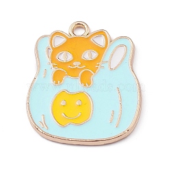 Alloy Enamel Pendants, Golden, Cat Charm, Alice Blue, 30x25x1.5mm, Hole: 2mm(ENAM-R137-02G-01)