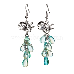 Shell with Starfish Shape Alloy Dangle Earrings, Glass Cluster Earrings, Light Sea Green, 65x18mm(EJEW-JE05622-01)