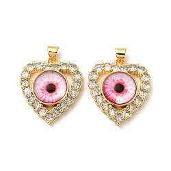 Real 18K Gold Plated Brass Pendants, with Glass and Acrylic, Heart with Evil Eye Charms, Pearl Pink, 26x22.5x7mm, Hole: 4.5x3.5mm(KK-L209-005G-06)
