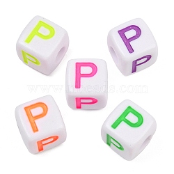 Opaque Acrylic Enamel European Beads, Large Hole Beads, Cube with Letter, Mixed Color, Letter P, 14x14x14mm, Hole: 6mm, about 190pcs/500g(AC-ACBA1794-04P)