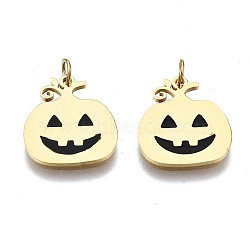 316 Surgical Stainless Steel Enamel Charms, with Jump Rings, for Halloween, Pumpkin, Black, Real 14K Gold Plated, 13x12x1mm, Jump Ring: 3.4x0.5mm, 2.4mm inner diameter(STAS-S116-335G)