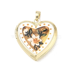Printed Brass Locket Pendants, Heart with Flower Charms, White, 25x22.5x5.5mm, Hole: 4x2.5mm(KK-CBA9B3D-01G-01)