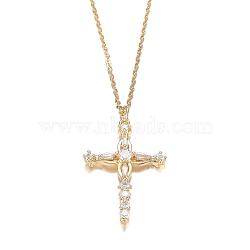 Brass Micro Pave Clear Cubic Zirconia Pendant Necklaces, with 304 Stainless Steel Cable Chains, Cross, Golden, 17.91 inch(45.5cm)(NJEW-H100-14G)