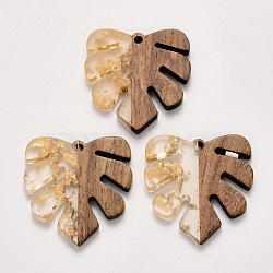 Transparent Resin & Walnut Wood Pendants, Tropical Leaf Charms, with Gold Foil, Waxed, Monstera Leaf, Gold, 30x28x3.5mm, Hole: 2mm(X-RESI-S358-24-D01)