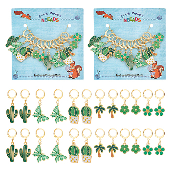 12Pcs 6 Style Cactus & Flower & Coconut Tree & Butterfly Locking Stitch Markers, Alloy Enamel Charm Stitch Marker with 304 Stainless Steel Hoop, Golden, 3.1~4.3cm, 2pcs/style