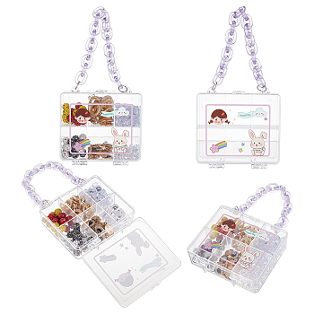 Elite 4Pcs Polystyrene Plastic Bead Containers, with Medium Purple Chain and 6 Grids, for Jewelry Beads Small Accessories, Bag Shapes, Clear, 10.2x10.5x3.15cm