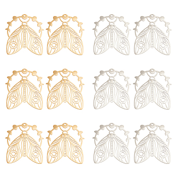 DICOSMETIC 12Pcs 2 Colors 201 Stainless Steel Pendants, Cicada with Moon Phase, Real Gold Plated & Stainless Steel Color, 37x34x1mm, Hole: 1.6mm, 6pcs/color