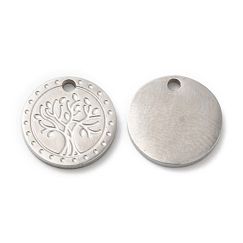 316L Surgical Stainless Steel Charms, Flat Round with Tree Charm, Textured, Stainless Steel Color, 12x1.5mm, Hole: 1.5mm