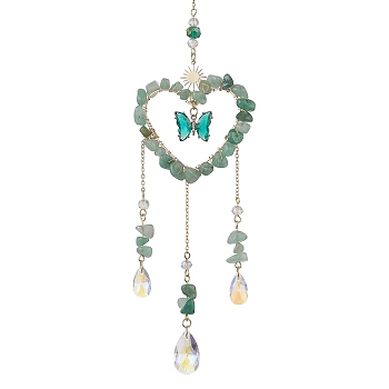 Natural Green Aventurine Chip & Brass Heart Hanging Ornaments, Glass Teardrop Tassel for Home Decorations, Golden, 298mm