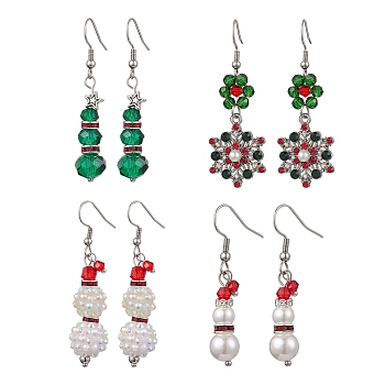 Christmas Glass Seed and Resin Imitation Pearl Dangle Earrings Sets for Women, Platinum, Mixed Color, 55x10mm