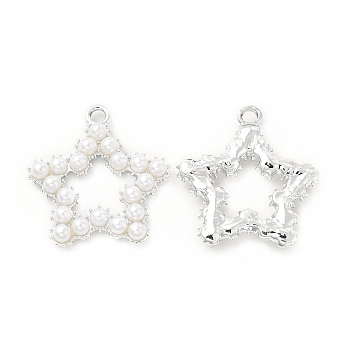 Alloy Pendants, with ABS Imitation Pearl Beads, Star Charm, Platinum, 29x27.5x4.5mm, Hole: 2.8mm